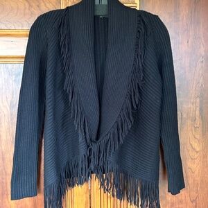 Silvia Novelli Black Wool Blend Sweater with Cape Collar with Fringes, Size S